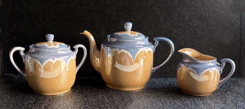 Vintage Japanese Hand Painted Peach & Blue Lusterware Tea Pot, Sugar and Creamer